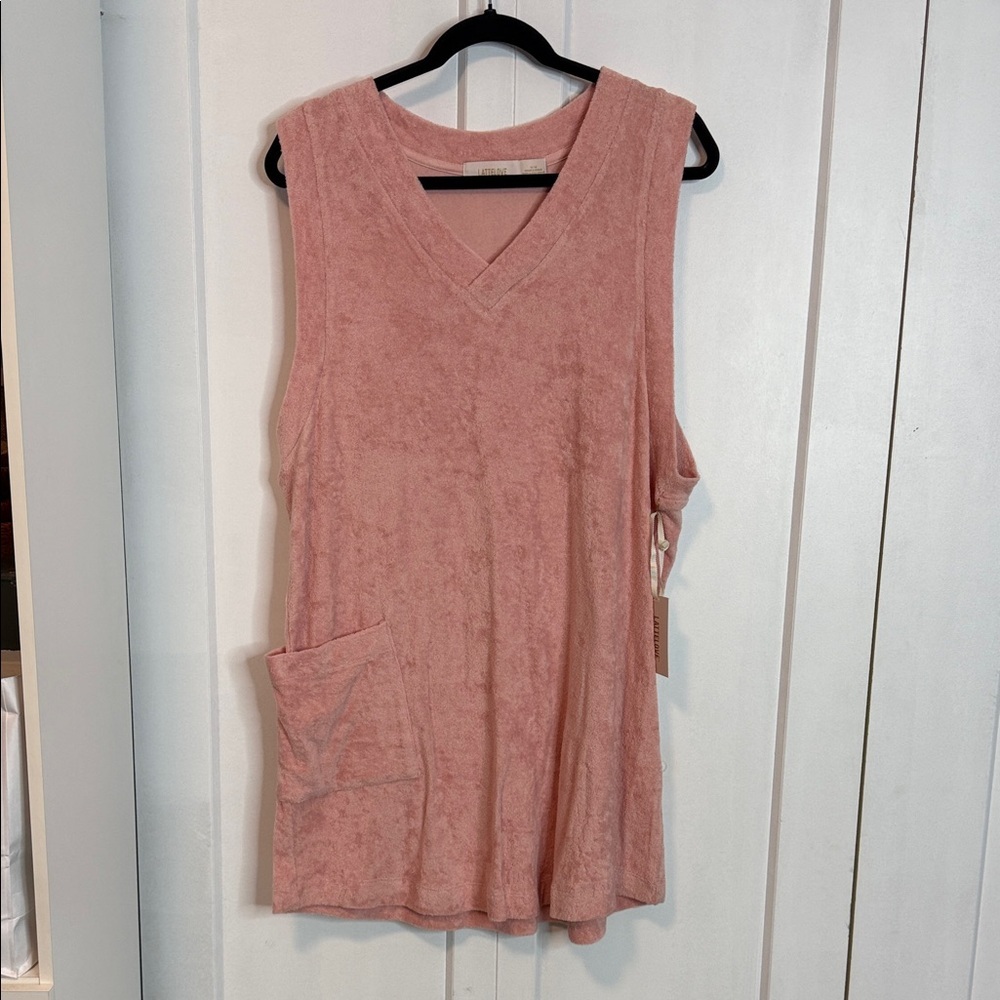 NWTs LAttelove - Med-Pink Sleeveless V-Neck Terry Cloth Robe dress - 100% cotton